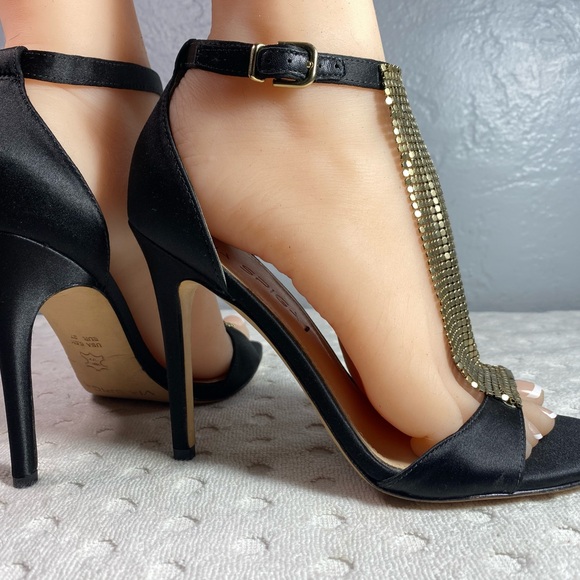 Via Spiga Timone Sandal Heel | Black/Gold Mesh Detail - Picture 3 of 16